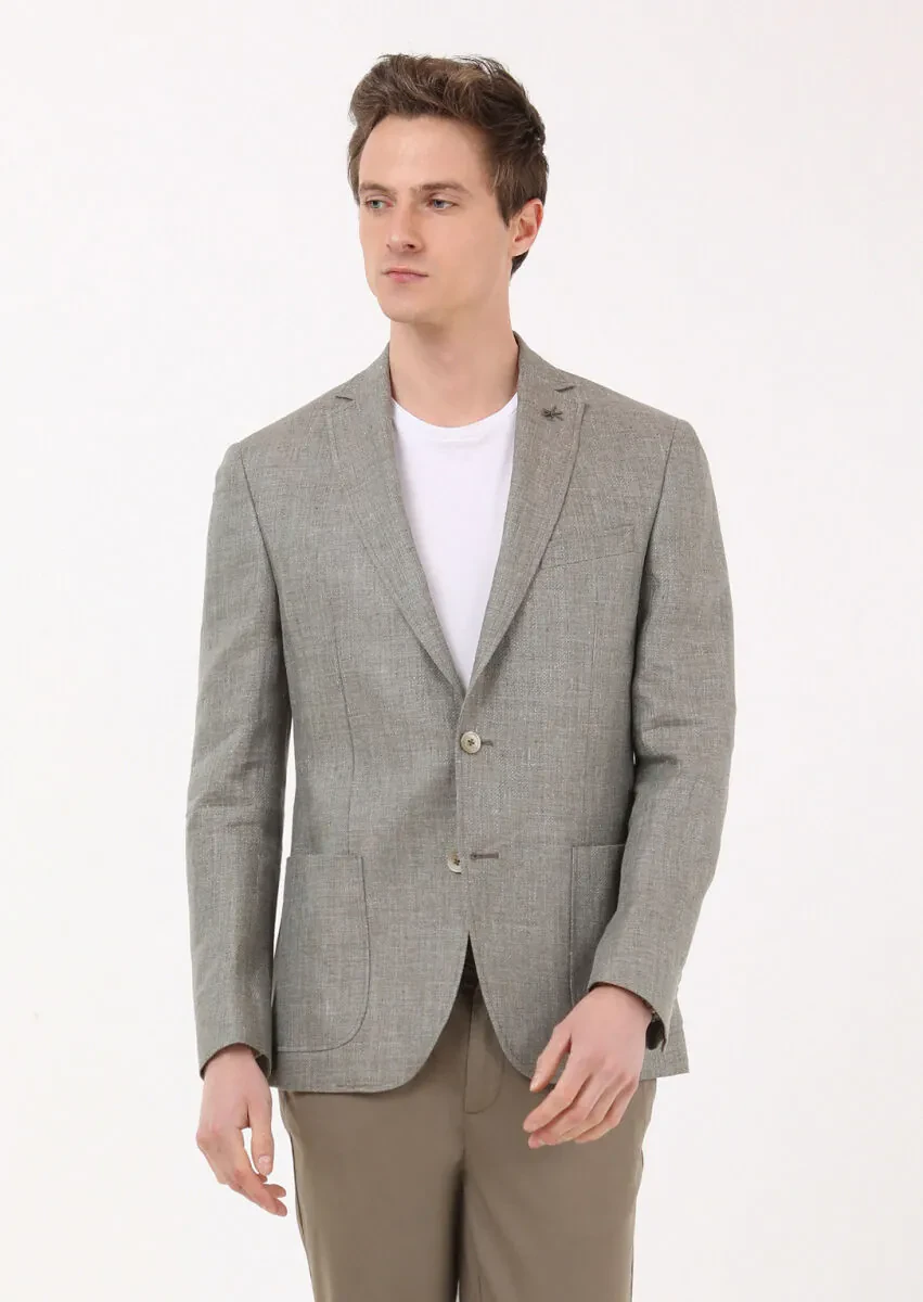 Haki Düz Zeroweight Slim Fit %100 Keten Ceket - 2