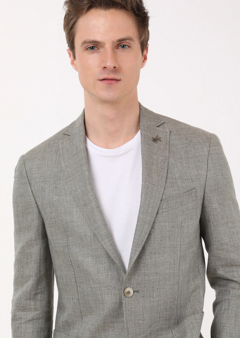 Haki Düz Zeroweight Slim Fit %100 Keten Ceket - 4