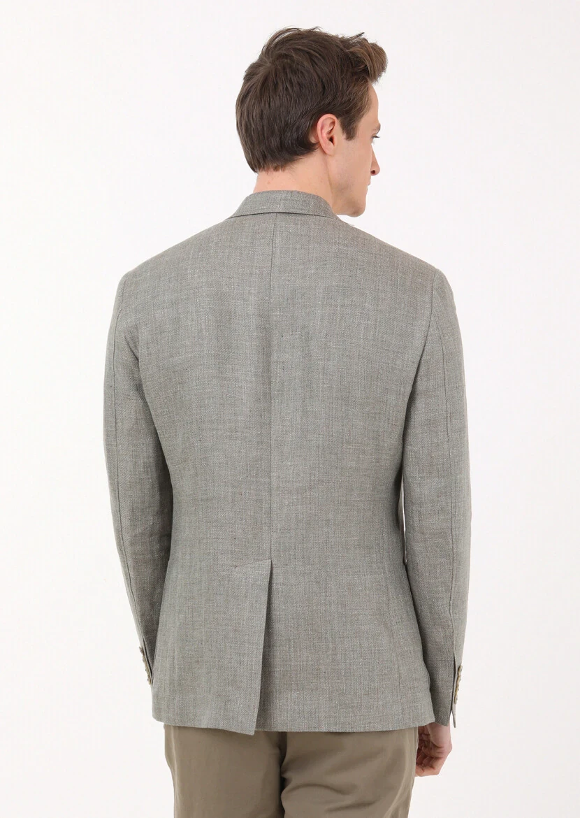 Haki Düz Zeroweight Slim Fit %100 Keten Ceket - 5