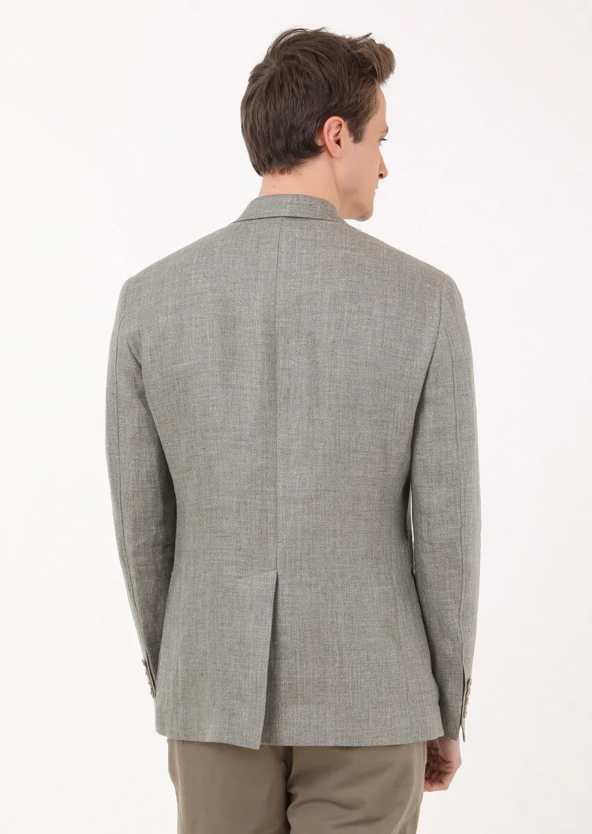Haki Düz Zeroweight Slim Fit %100 Keten Ceket - 5
