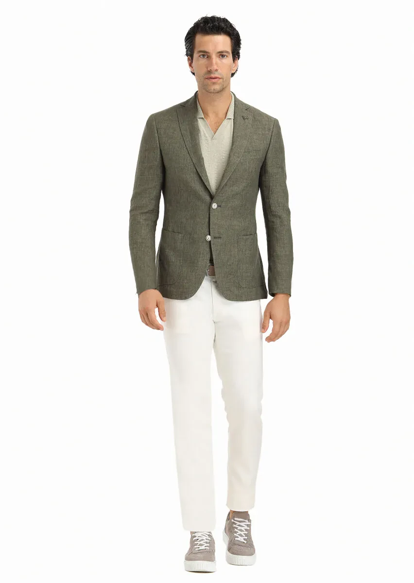 Haki Düz Zeroweight Slim Fit %100 Keten Ceket - 1