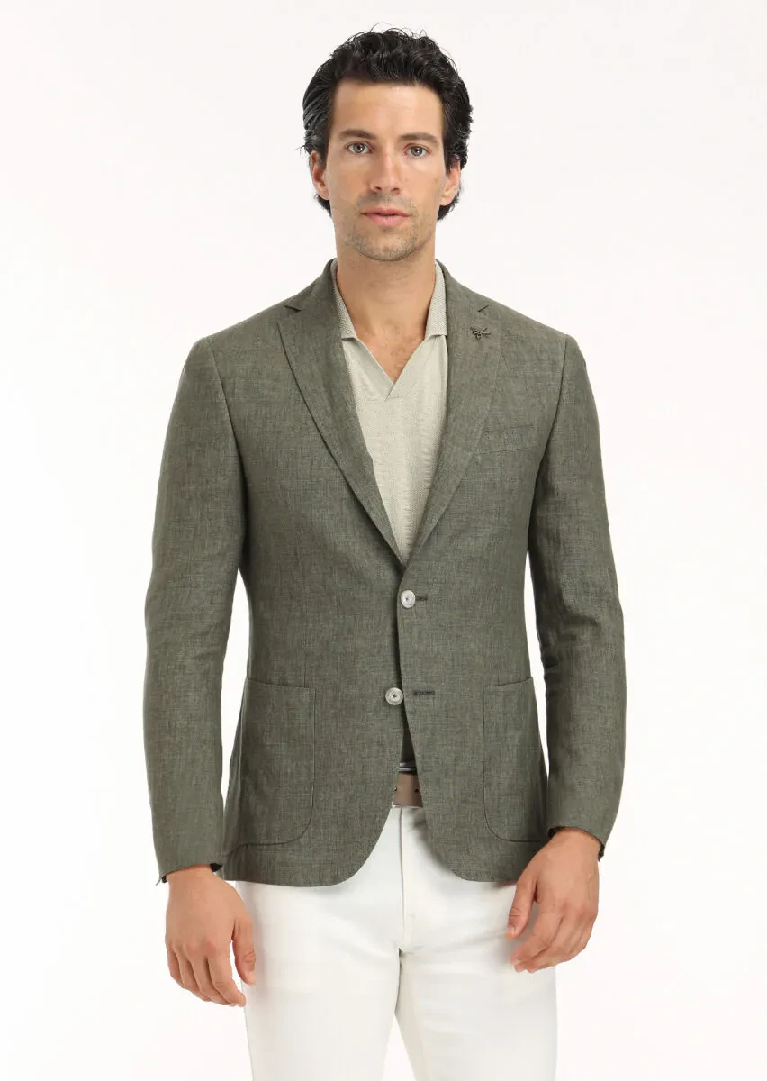 Haki Düz Zeroweight Slim Fit %100 Keten Ceket - 2