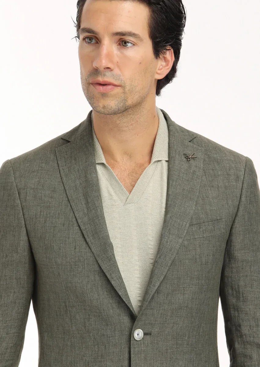 Haki Düz Zeroweight Slim Fit %100 Keten Ceket - 3