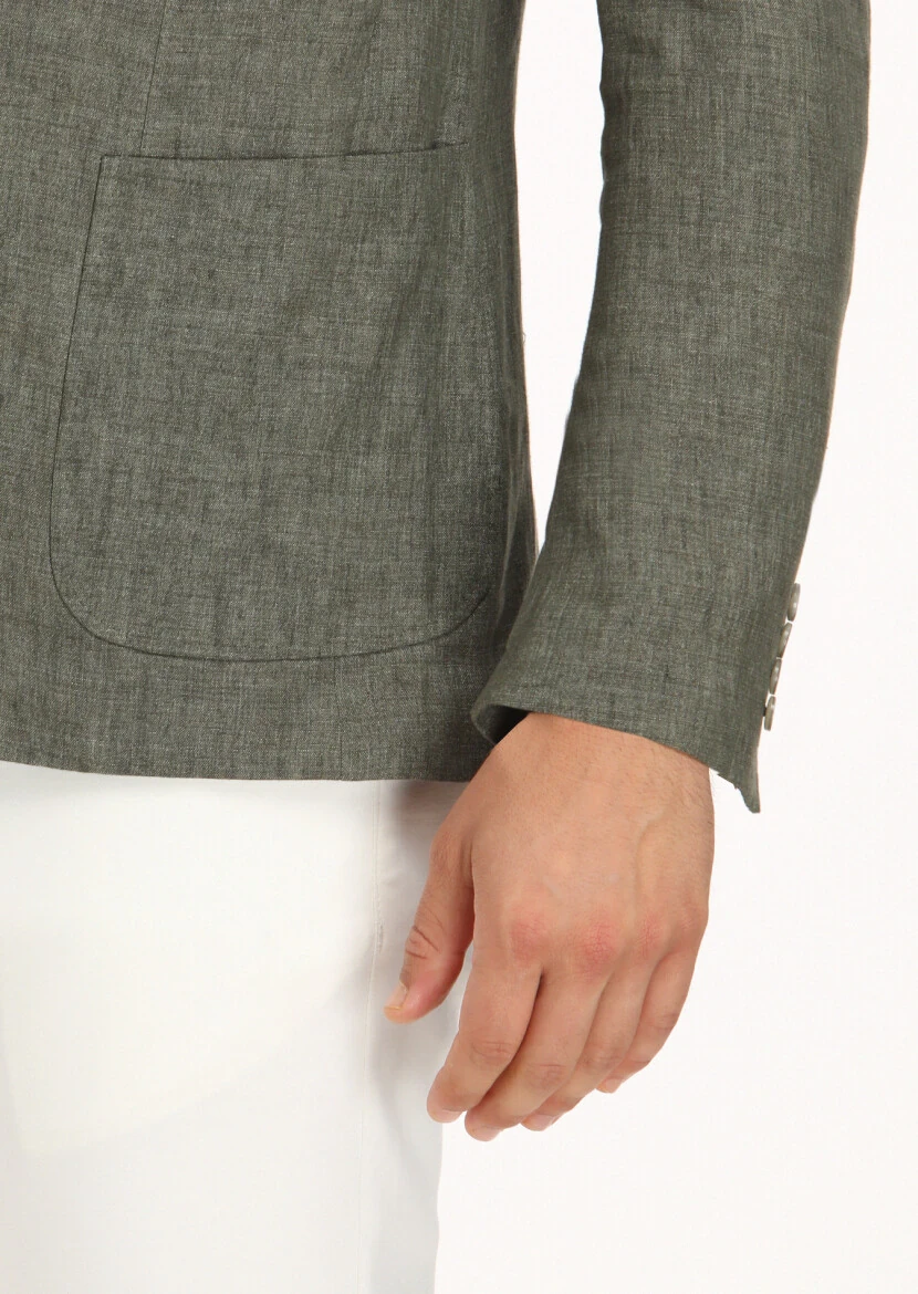 Haki Düz Zeroweight Slim Fit %100 Keten Ceket - 4