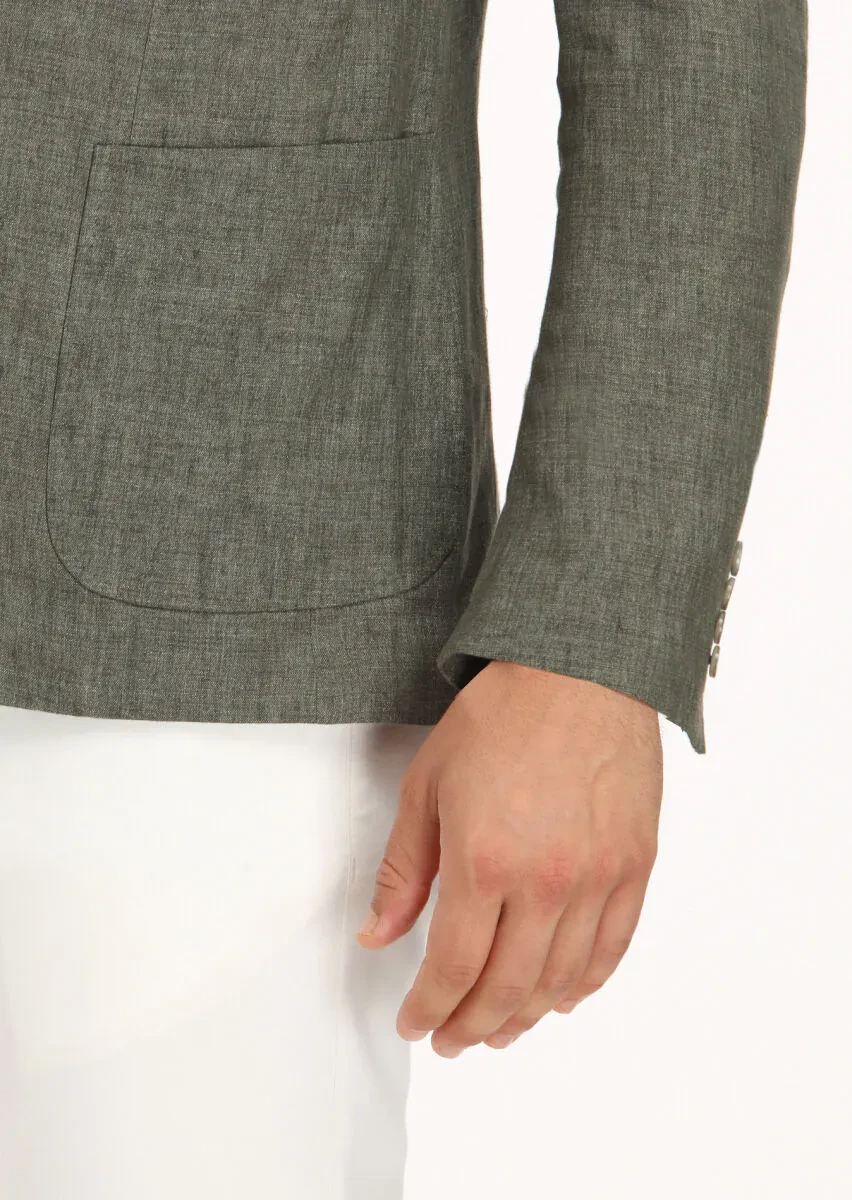 Haki Düz Zeroweight Slim Fit %100 Keten Ceket - 4