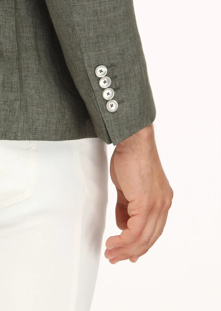 Haki Düz Zeroweight Slim Fit %100 Keten Ceket - 5