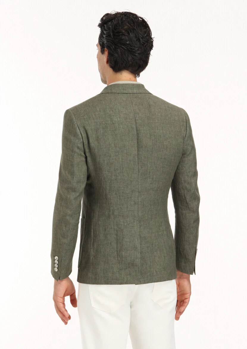 Haki Düz Zeroweight Slim Fit %100 Keten Ceket - 6