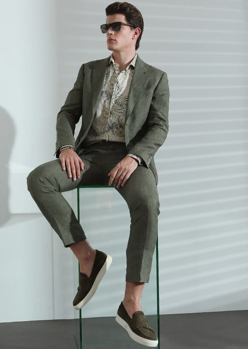 Haki Düz Zeroweight Slim Fit %100 Keten Takım Elbise - 1