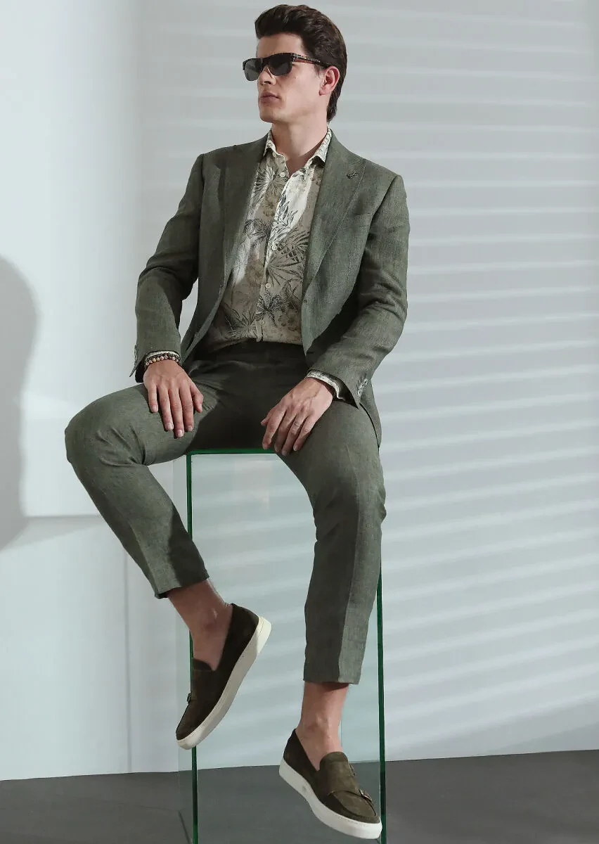 Haki Düz Zeroweight Slim Fit %100 Keten Takım Elbise - 1