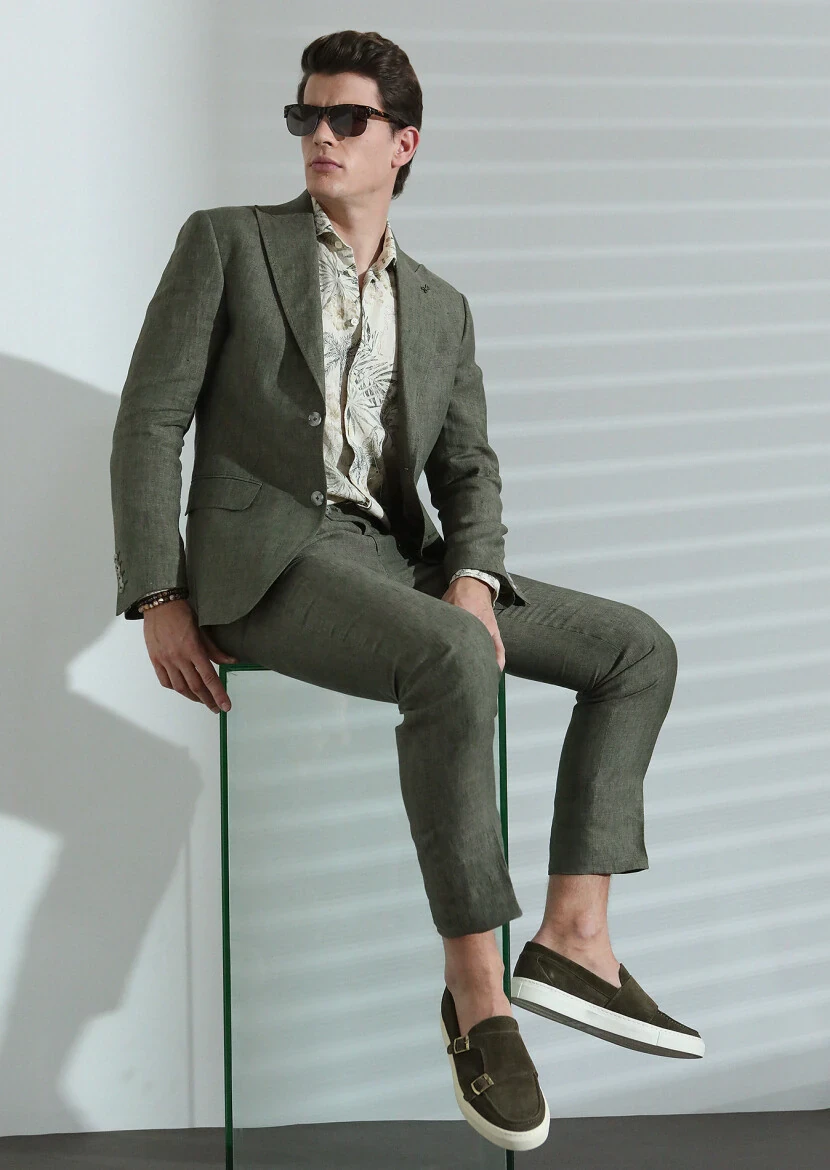 Haki Düz Zeroweight Slim Fit %100 Keten Takım Elbise - 2