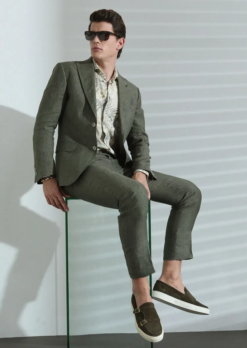 Haki Düz Zeroweight Slim Fit %100 Keten Takım Elbise - 2