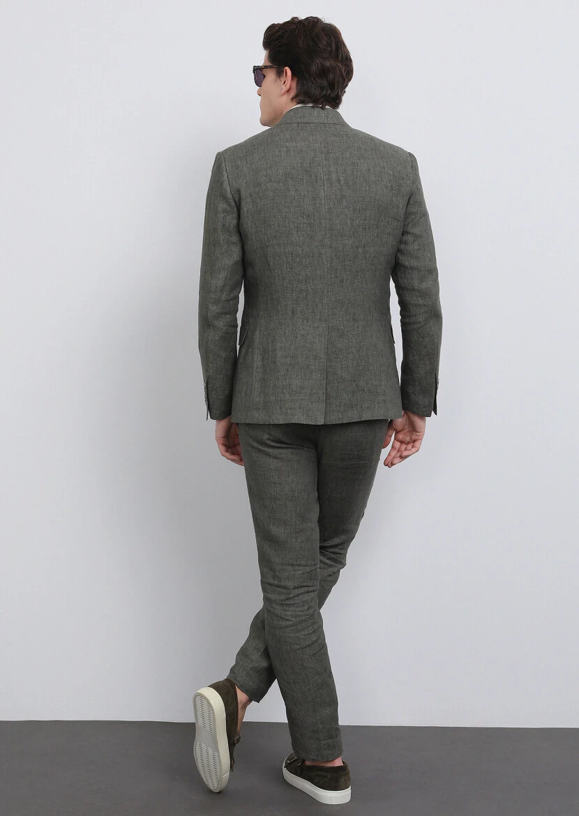 Haki Düz Zeroweight Slim Fit %100 Keten Takım Elbise - 6