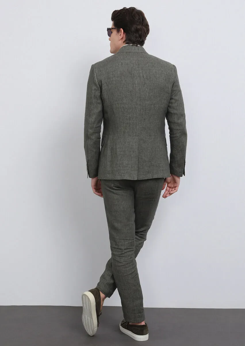 Haki Düz Zeroweight Slim Fit %100 Keten Takım Elbise - 6