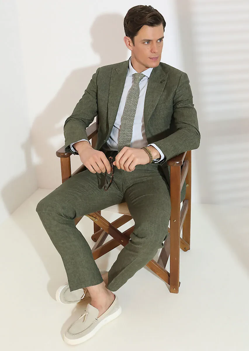 Haki Düz Zeroweight Slim Fit %100 Keten Takım Elbise - 4