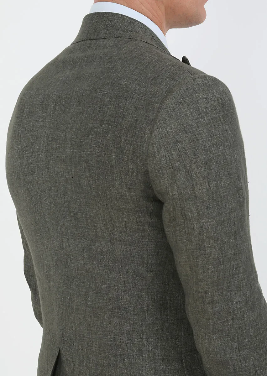 Haki Düz Zeroweight Slim Fit %100 Keten Takım Elbise - 6