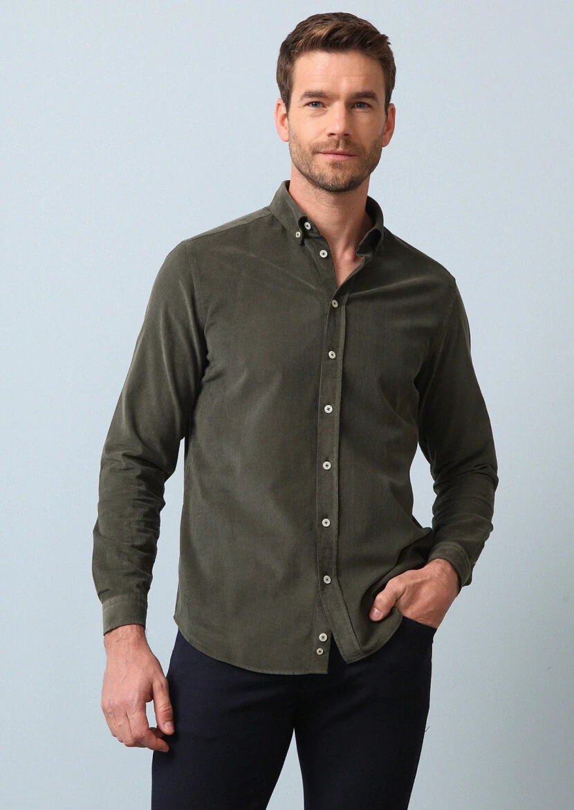 Haki Fitilli Regular Fit Dokuma Kadife Casual %100 Pamuk Gömlek 