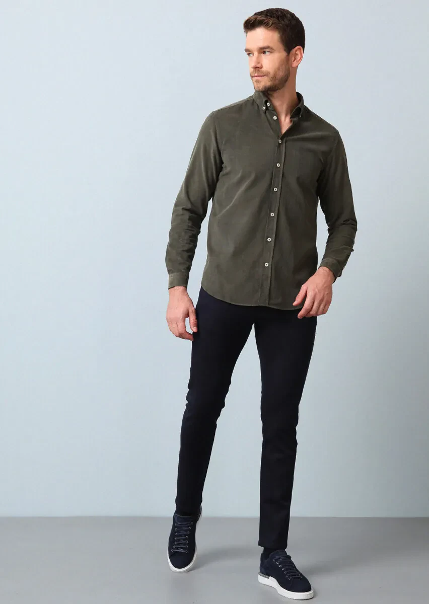 Haki Fitilli Regular Fit Dokuma Kadife Casual %100 Pamuk Gömlek - 3
