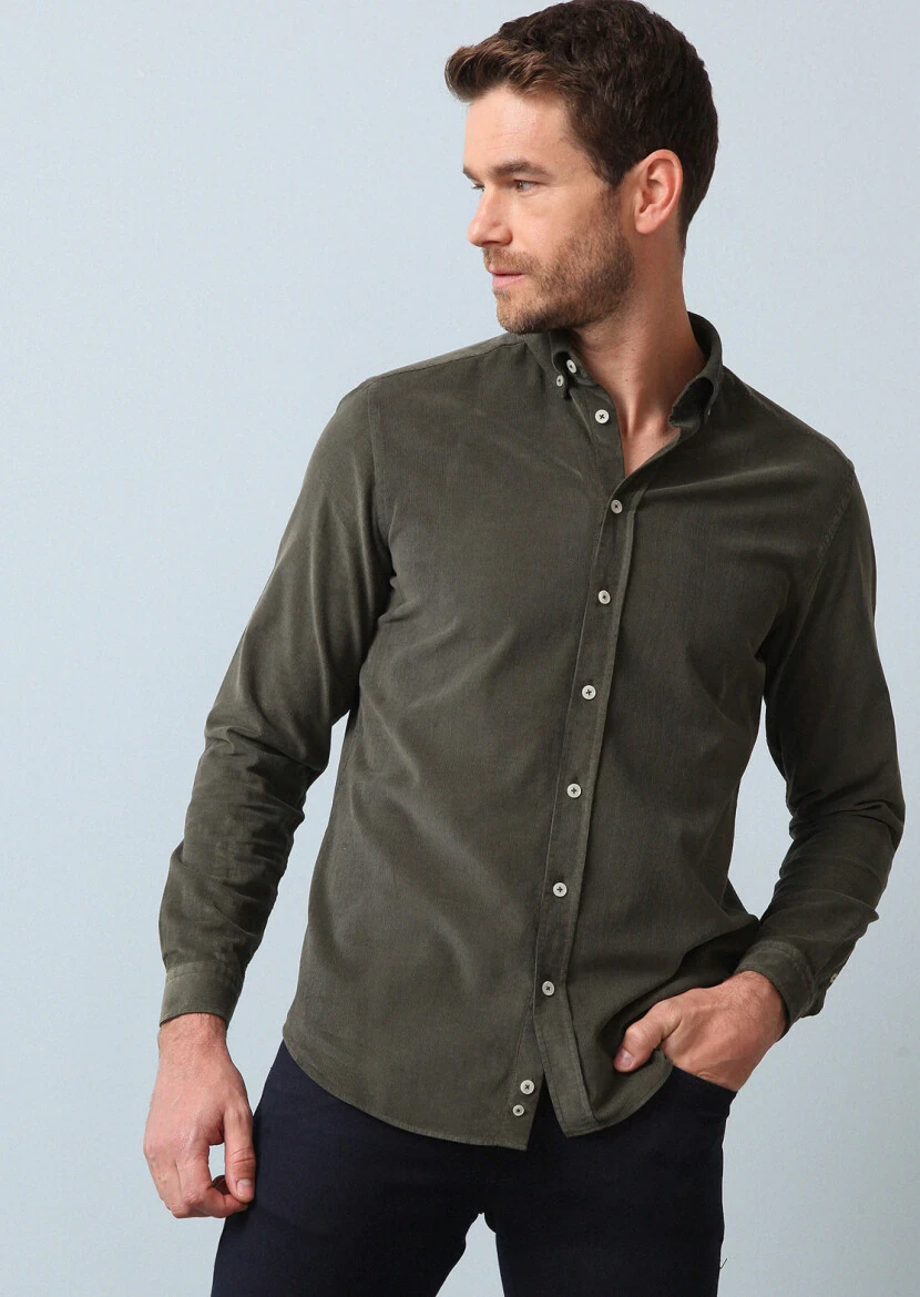 Haki Fitilli Regular Fit Dokuma Kadife Casual %100 Pamuk Gömlek - 4