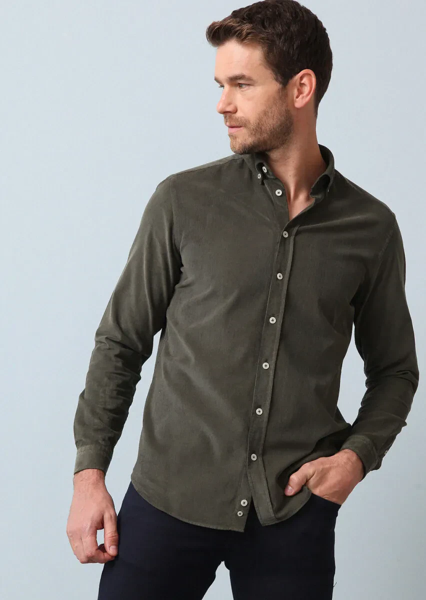 Haki Fitilli Regular Fit Dokuma Kadife Casual %100 Pamuk Gömlek - 4