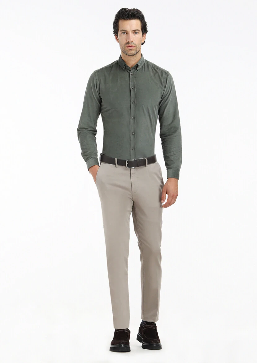 Haki Fitilli Regular Fit Dokuma Kadife Casual %100 Pamuk Gömlek 