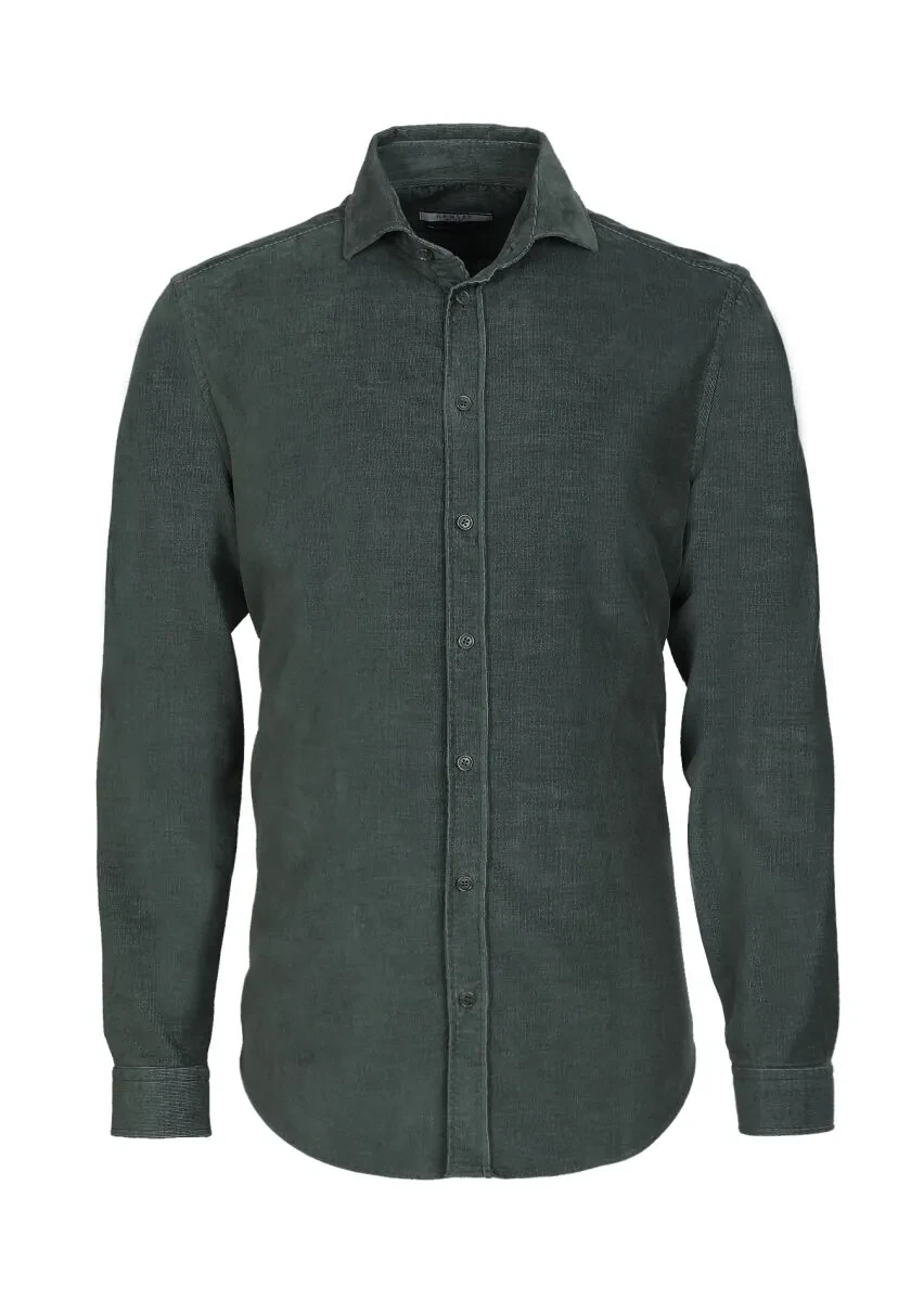 Haki Fitilli Regular Fit Dokuma Kadife Casual Pamuk Karışımlı Gömlek - 6