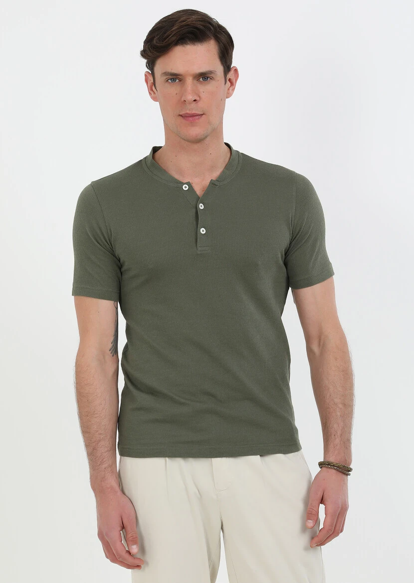 Haki Jakarlı Bisiklet Yaka %100 Pamuk T-Shirt - 2