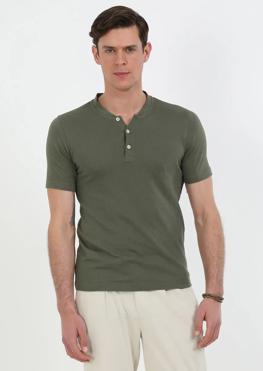 Haki Jakarlı Bisiklet Yaka %100 Pamuk T-Shirt - 2