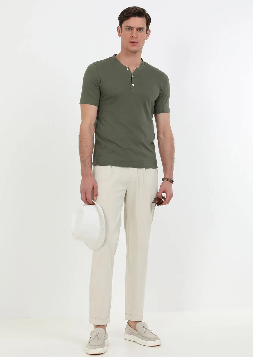 Haki Jakarlı Bisiklet Yaka %100 Pamuk T-Shirt - 4