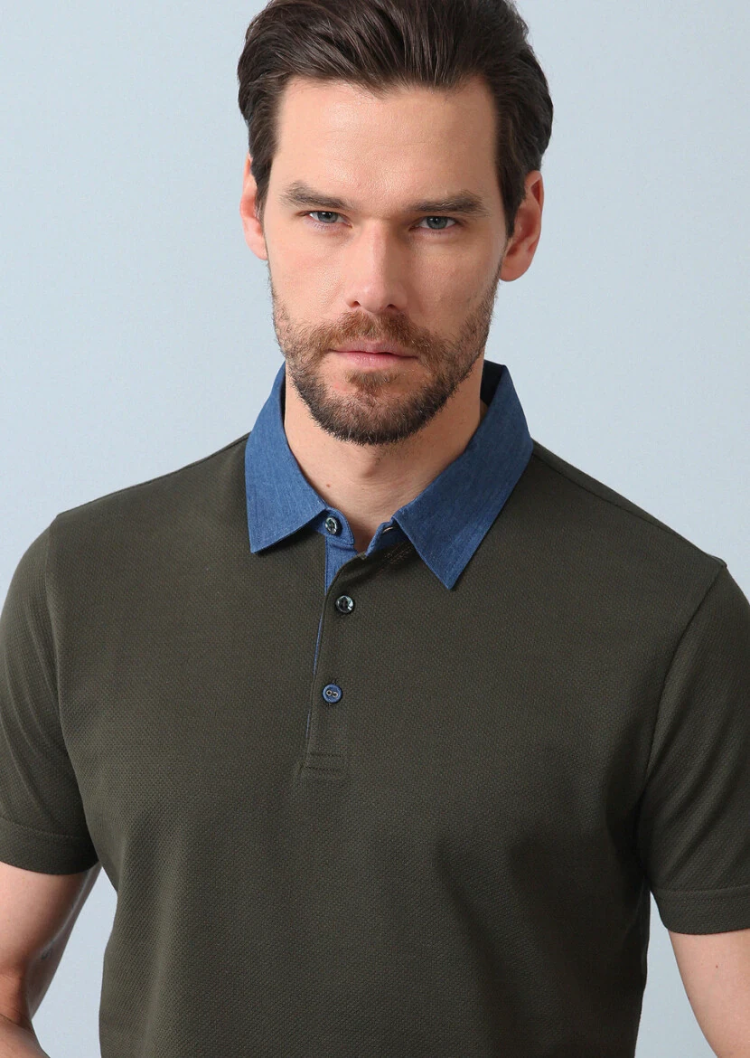 Haki Jakarlı Polo Yaka %100 Pamuk T-Shirt - 2
