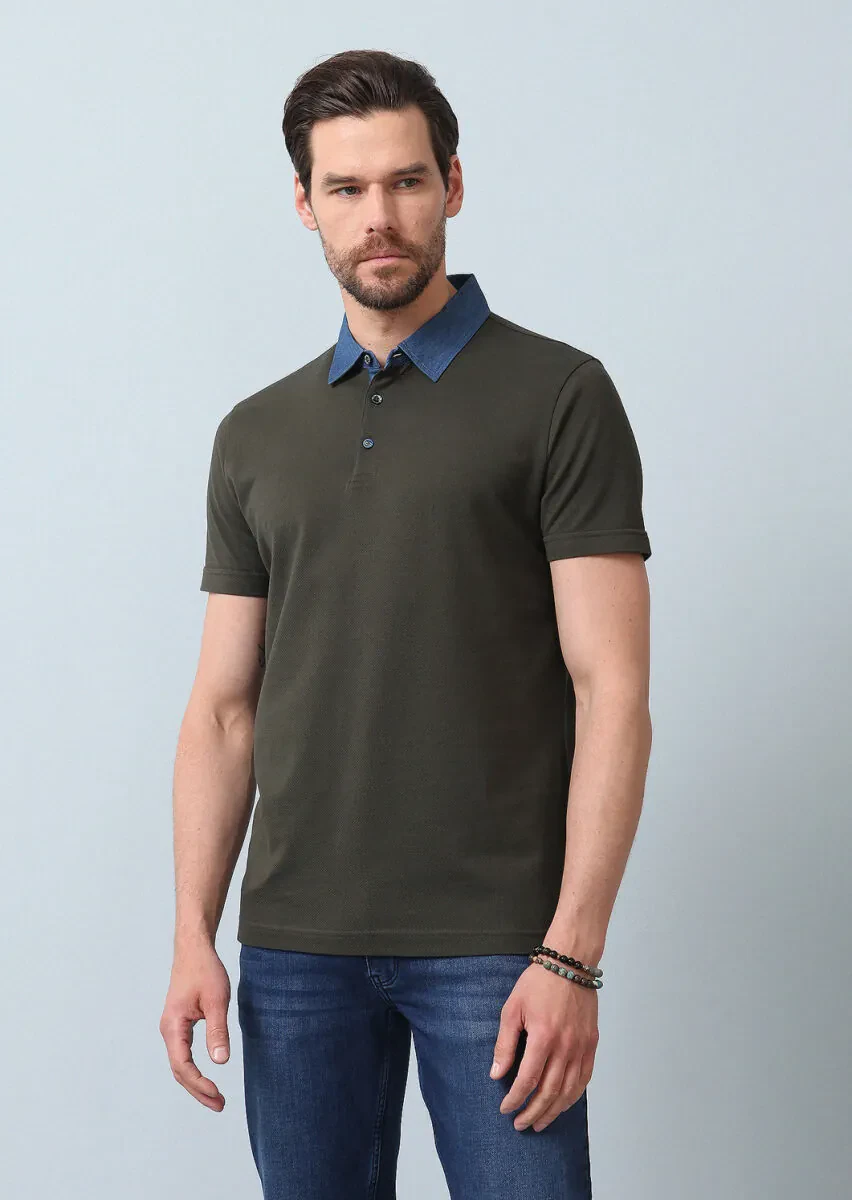 Haki Jakarlı Polo Yaka %100 Pamuk T-Shirt - 3