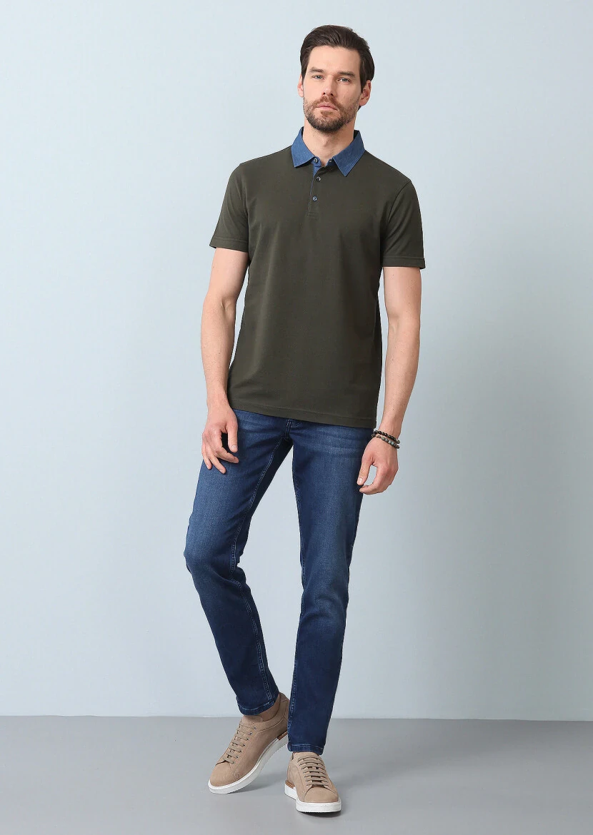 Haki Jakarlı Polo Yaka %100 Pamuk T-Shirt - 4