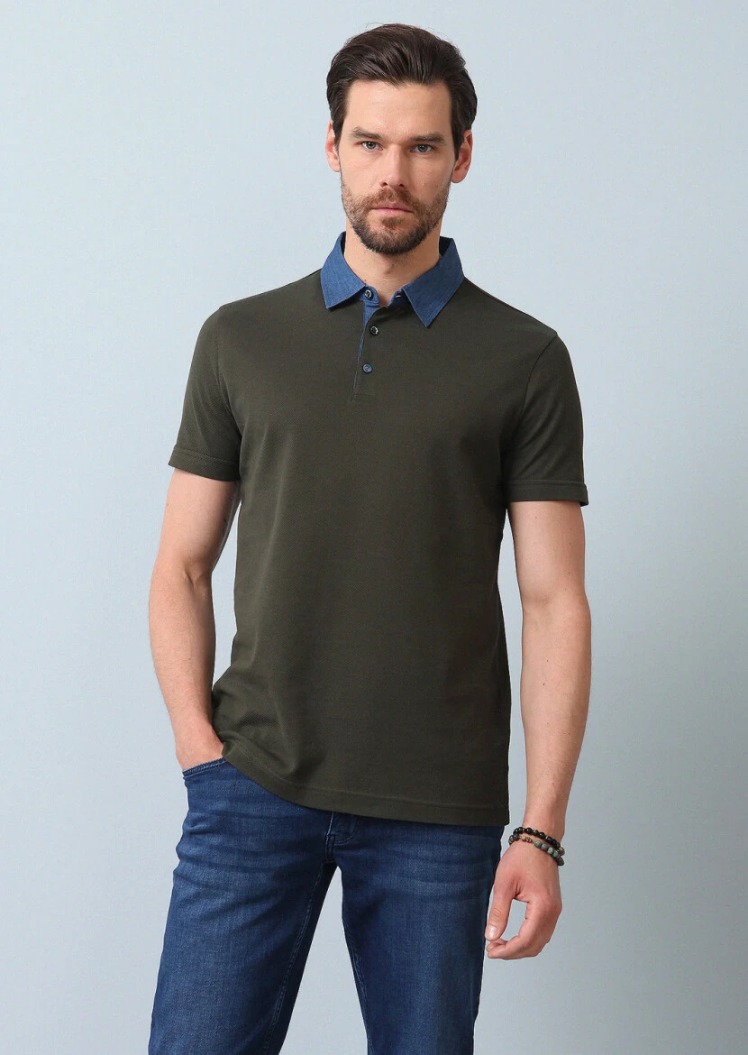 Haki Jakarlı Polo Yaka %100 Pamuk T-Shirt - 5