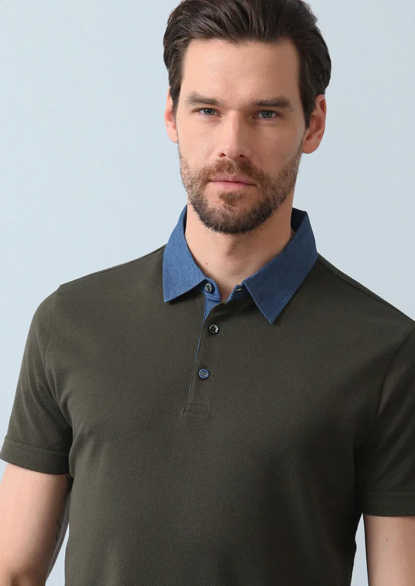 Haki Jakarlı Polo Yaka %100 Pamuk T-Shirt - 7