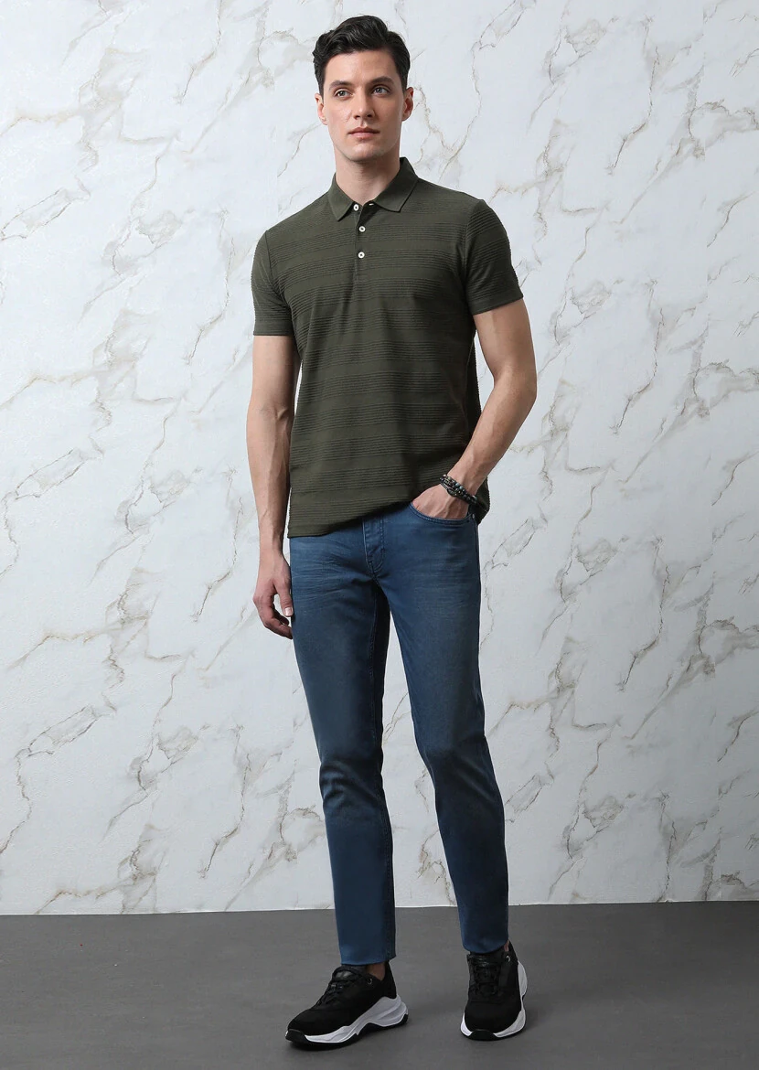 Haki Jakarlı Polo Yaka %100 Pamuk T-Shirt 