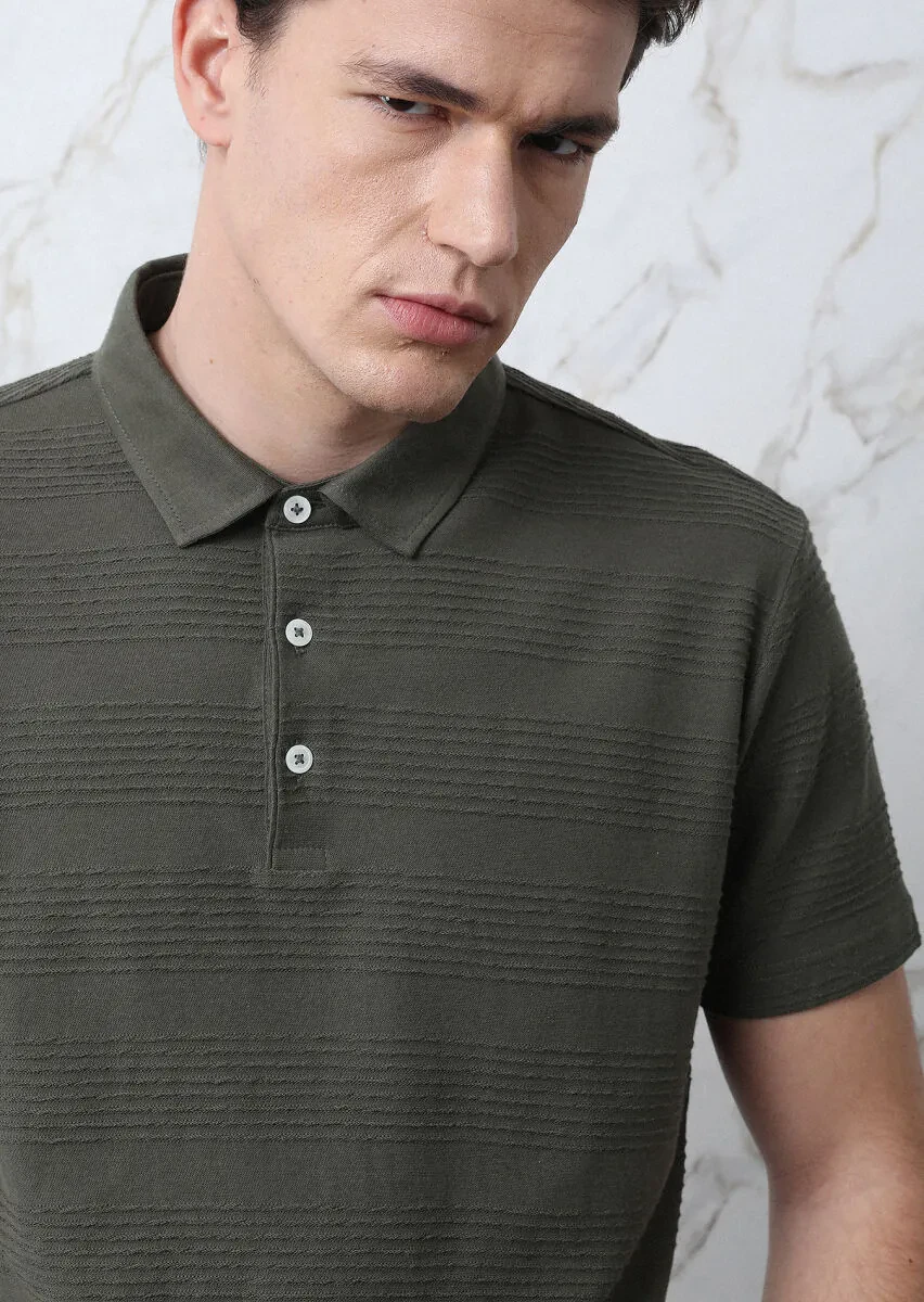 Haki Jakarlı Polo Yaka %100 Pamuk T-Shirt - 6