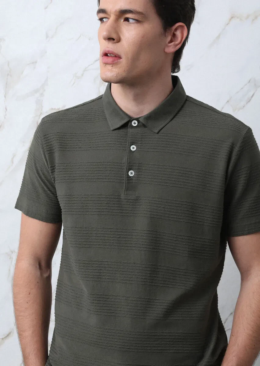 Haki Jakarlı Polo Yaka %100 Pamuk T-Shirt - 7