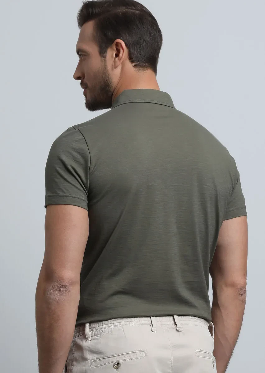 Haki Jakarlı Polo Yaka %100 Pamuk T-Shirt - 5