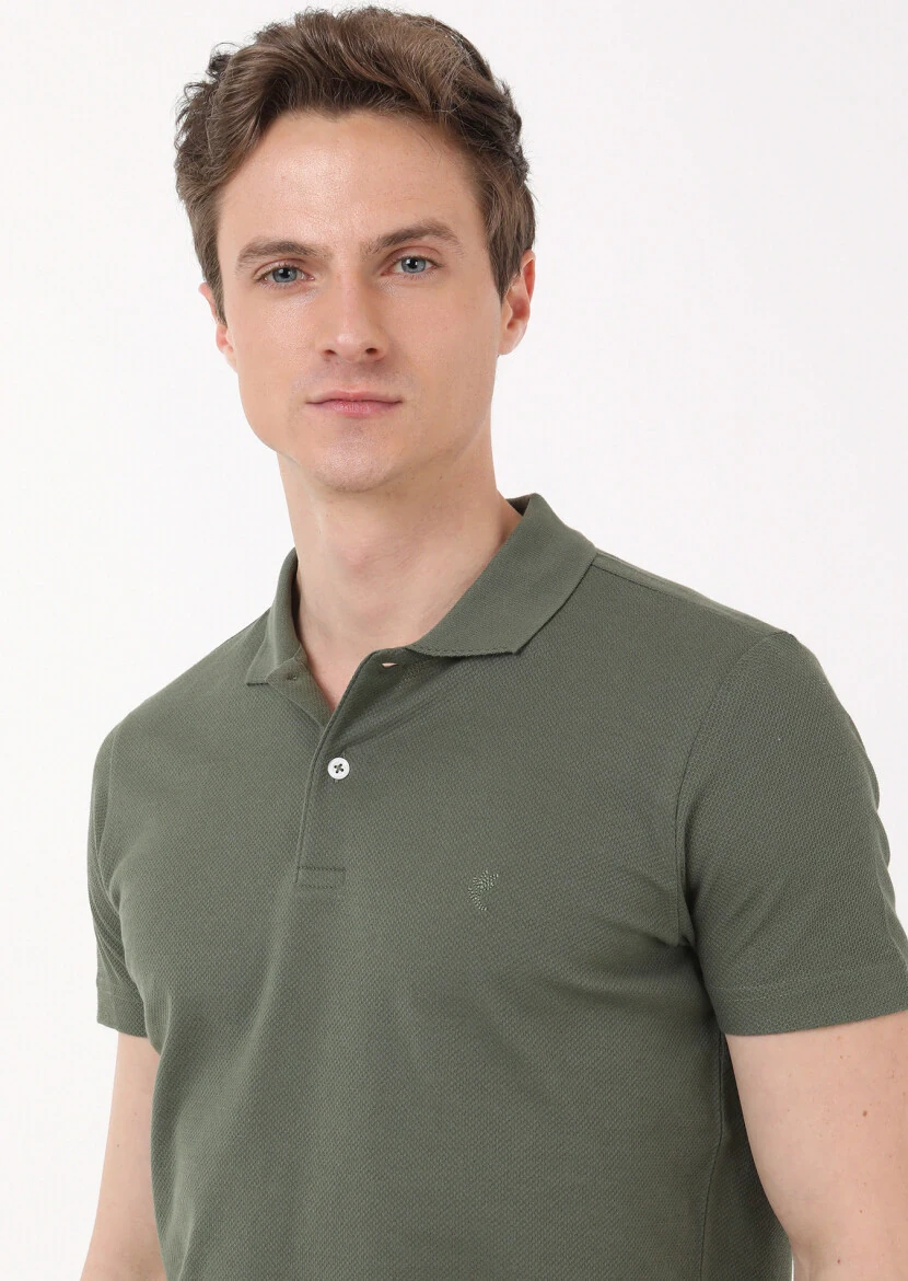Haki Jakarlı Polo Yaka %100 Pamuk T-Shirt - 2