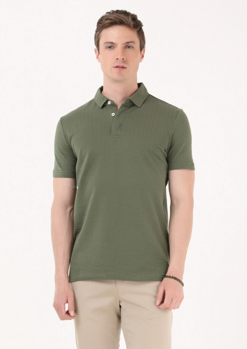 Haki Jakarlı Polo Yaka %100 Pamuk T-Shirt - 1