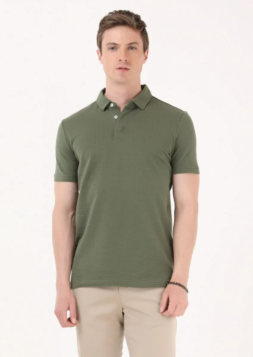 Haki Jakarlı Polo Yaka %100 Pamuk T-Shirt - 1