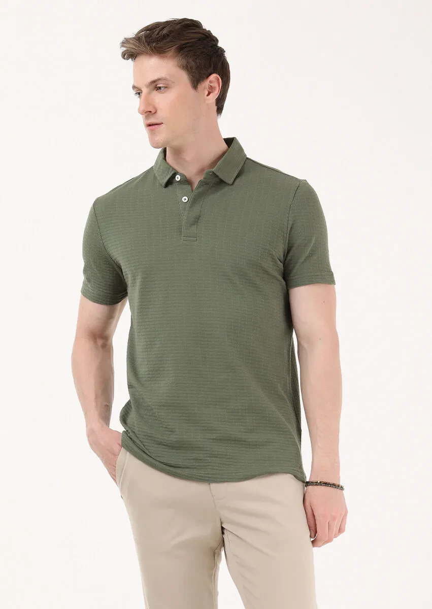 Haki Jakarlı Polo Yaka %100 Pamuk T-Shirt - 2