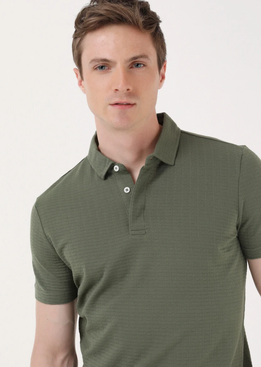 Haki Jakarlı Polo Yaka %100 Pamuk T-Shirt - 3