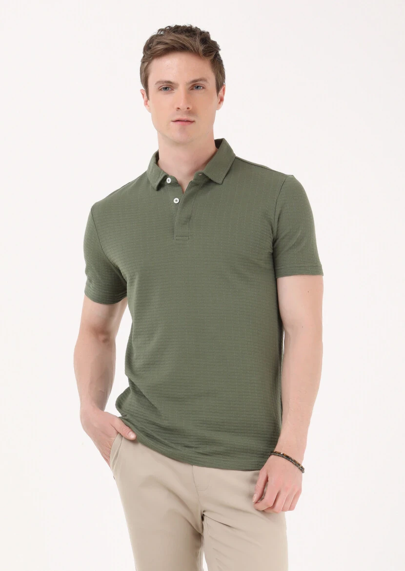 Haki Jakarlı Polo Yaka %100 Pamuk T-Shirt - 4