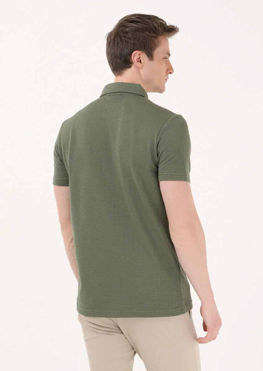 Haki Jakarlı Polo Yaka %100 Pamuk T-Shirt - 5