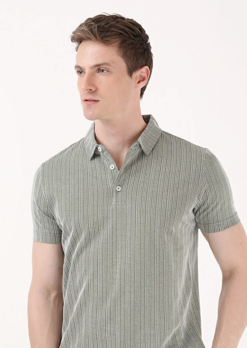 Haki Jakarlı Polo Yaka %100 Pamuk T-Shirt - 4