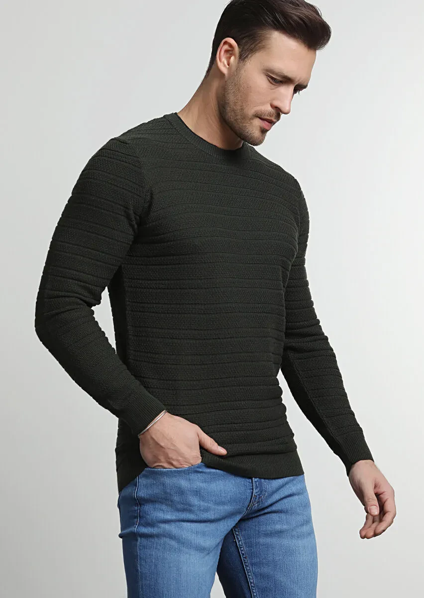 Haki Jakarlı Yün Karışımlı Triko Kazak - 1