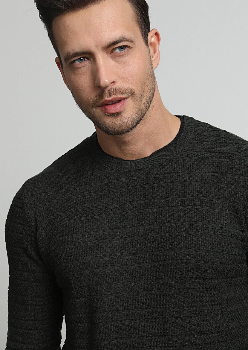 Haki Jakarlı Yün Karışımlı Triko Kazak - 2