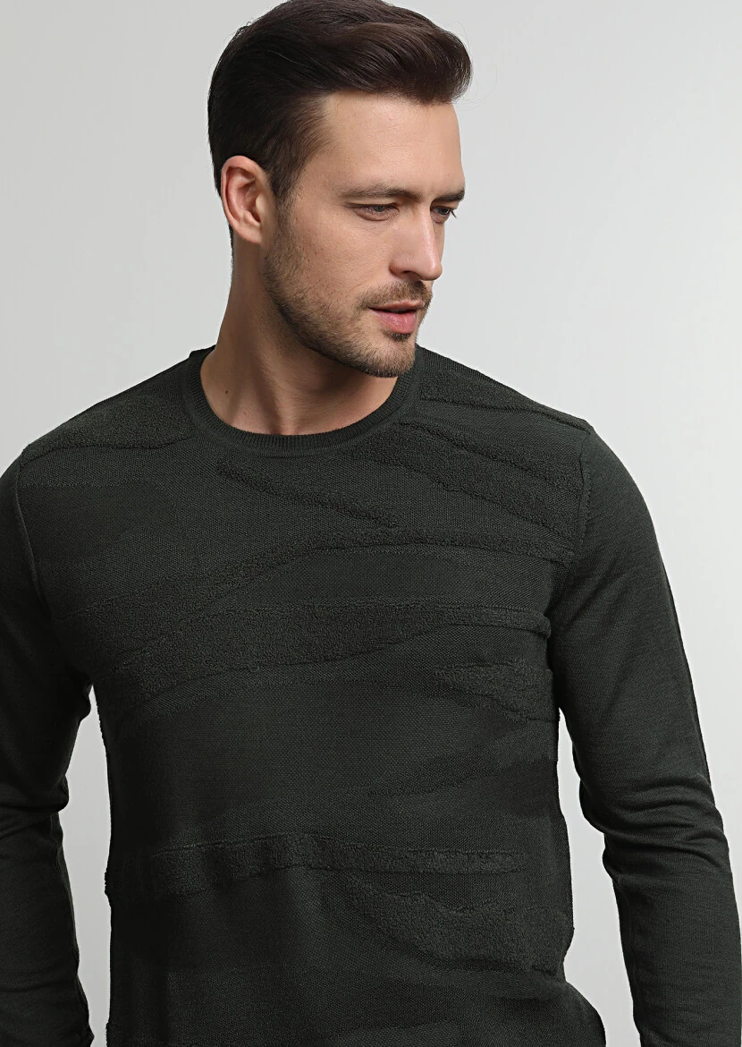 Haki Jakarlı Yün Karışımlı Triko Kazak - 1