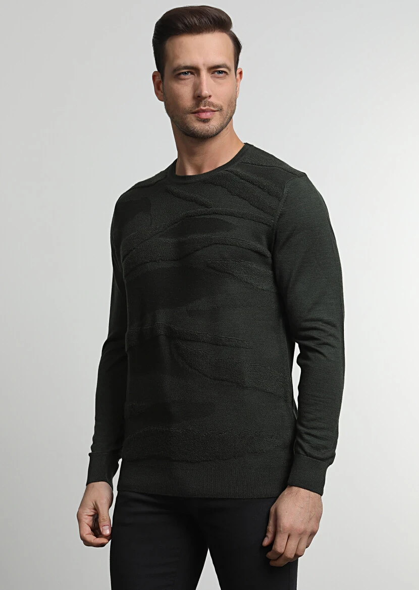 Haki Jakarlı Yün Karışımlı Triko Kazak - 2