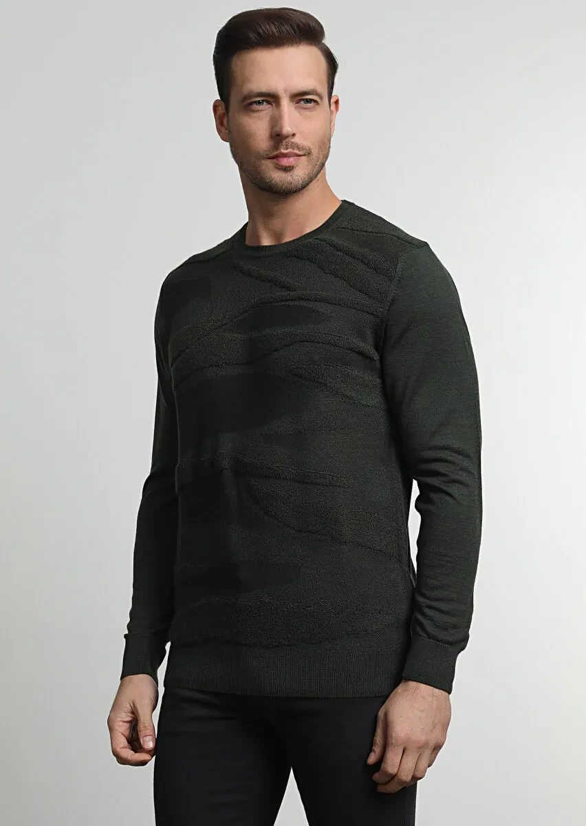 Haki Jakarlı Yün Karışımlı Triko Kazak - 2